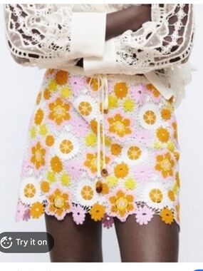 Zara Crochet Floral Mini Skirt in Pink, Yellow & White
